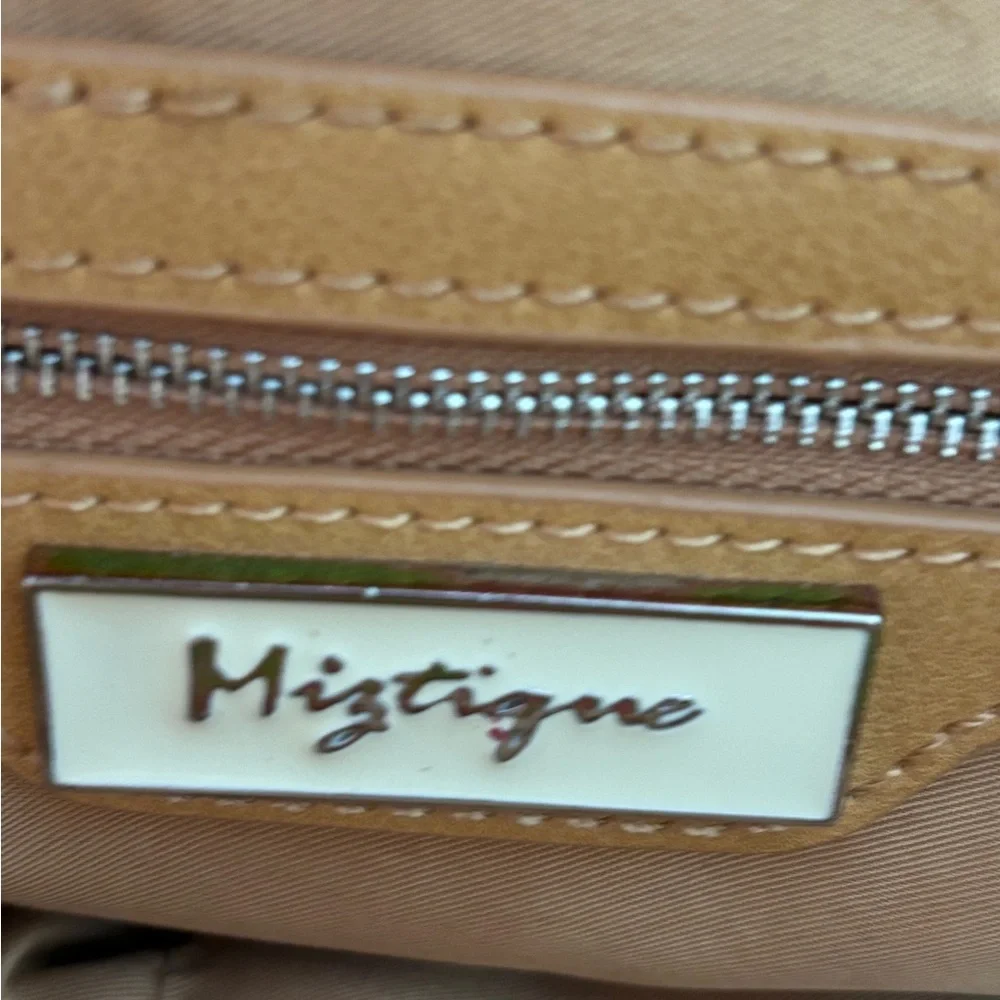 MIZTIQUE TAN NATURAL FAUX LEATHER AND CANVAS HAND BAG ZIP CLOSURE POCKET INSIDE